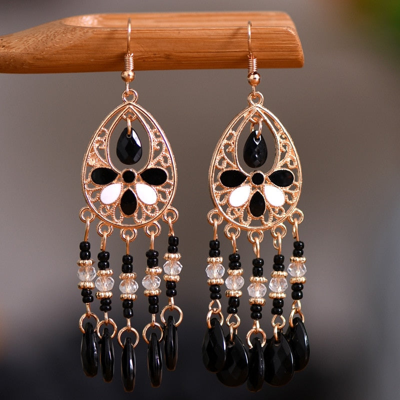 Bohemian Antique Gold Color Long Water Drop Tassel Earrings