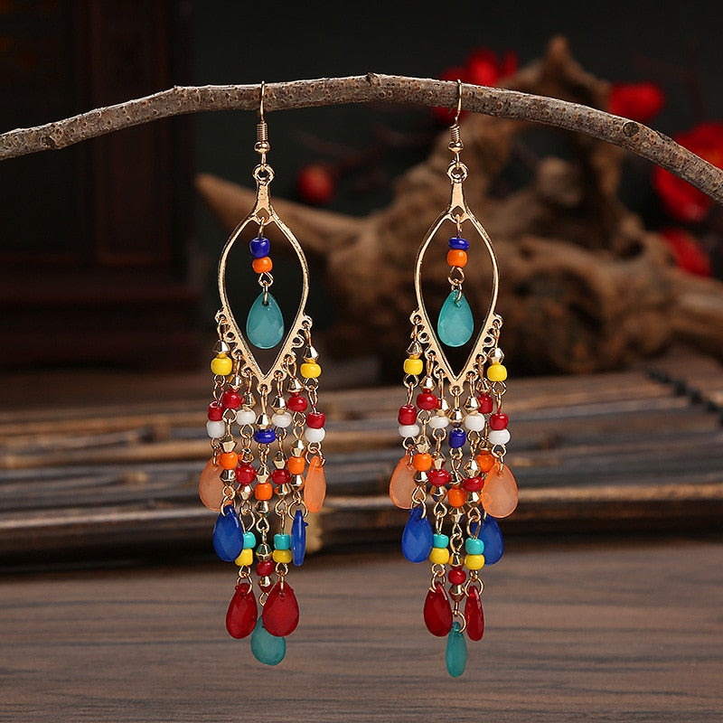 Bohemian Antique Gold Color Long Water Drop Tassel Earrings