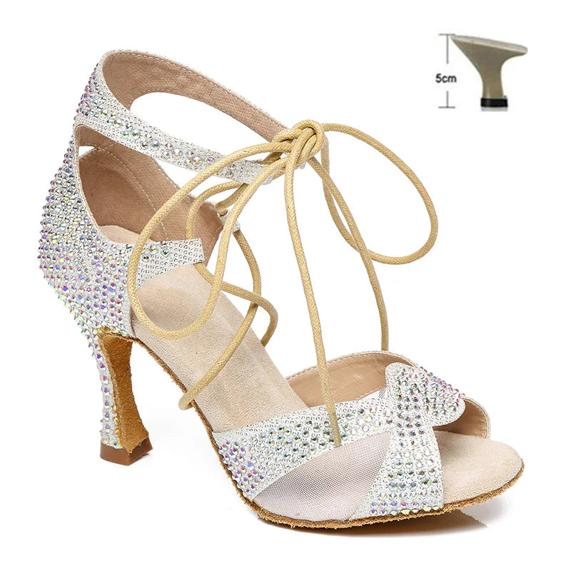 Pearl Rhinestone Latin Dance Shoes Soft Soles High Heels