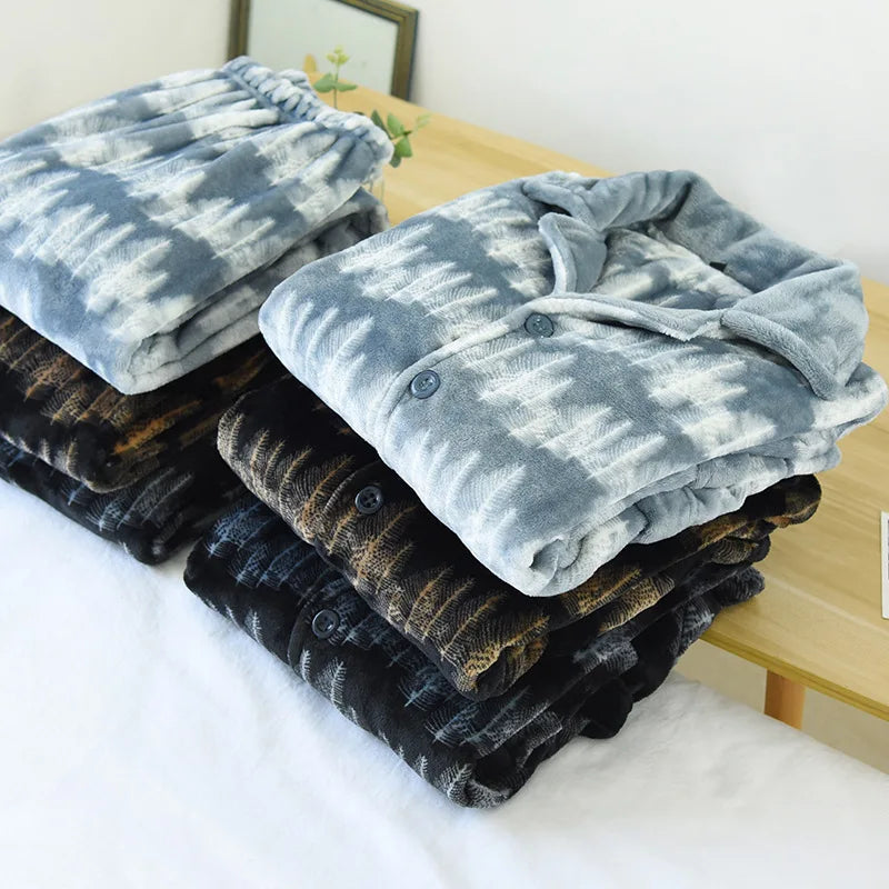 Men's Pajamas Long-sleeved Trousers Two-piece Flannel Thickened Warm