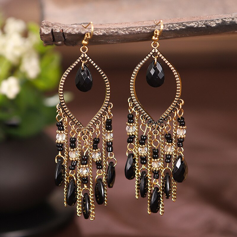 Bohemian Antique Gold Color Long Water Drop Tassel Earrings