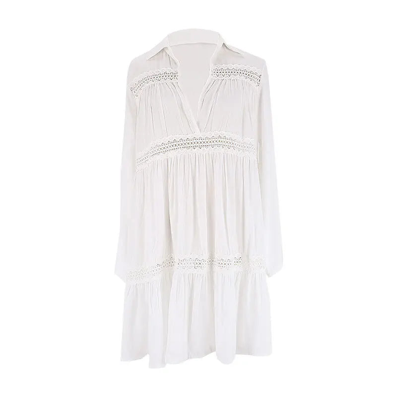 Rayon Cotton Layered Lace Loose Bohemian White Mini Dress Cover-ups