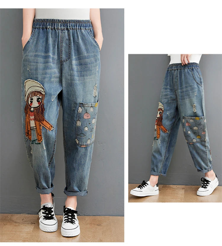 Embroidery Denim Pants For Women Trendy Hole Casual High Waist