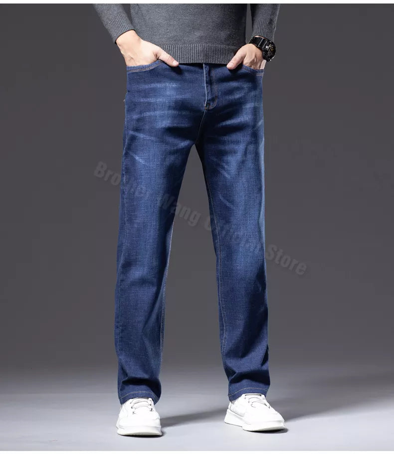 Plus Size Men's Blue Straight Loose Jeans Business Casual