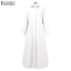 Stylish Solid Shirt Dress Casual Long Sleeve Maxi Lapel Robe Oversized