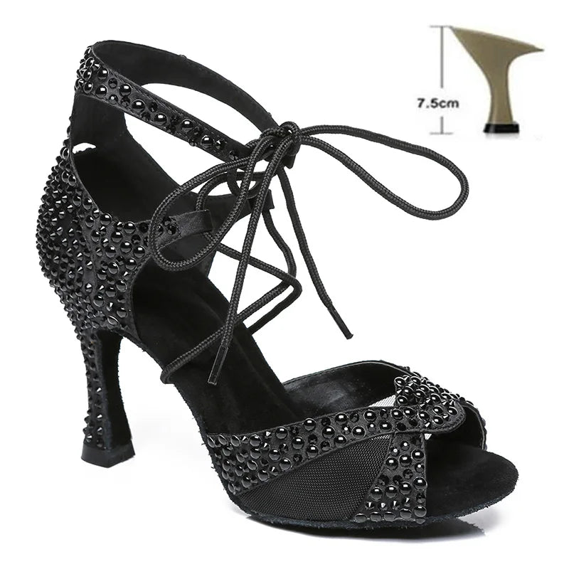 Pearl Rhinestone Latin Dance Shoes Soft Soles High Heels