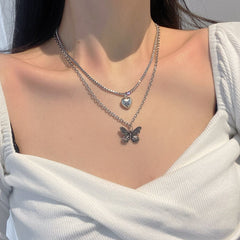 Silver Plated Shiny Butterfly Necklace Double Layer