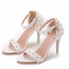 Women Lace Wedding Shoes Thin High Heels White Bridal