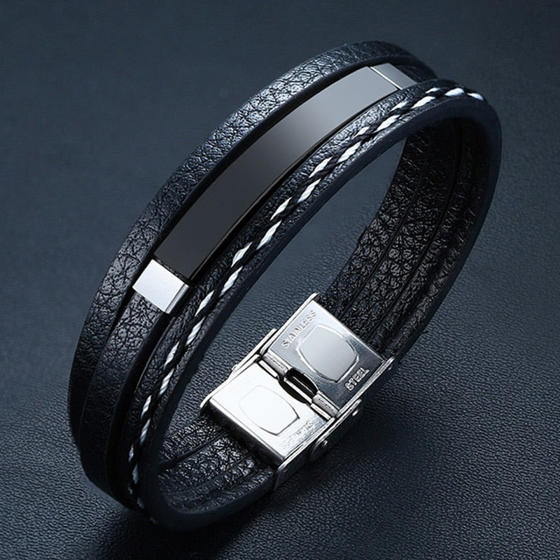 Name Leather Bracelets for Men Glossy Stainless Steel