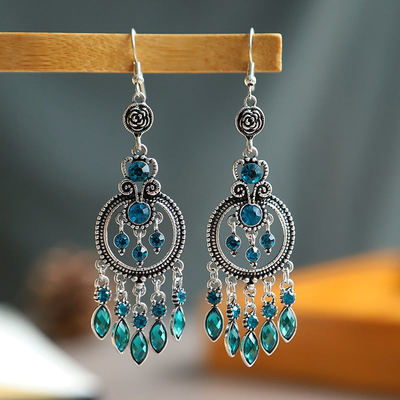 Bohemian Ethnic Long Blue Acrylic Crystal Water Drop Earrings Retro