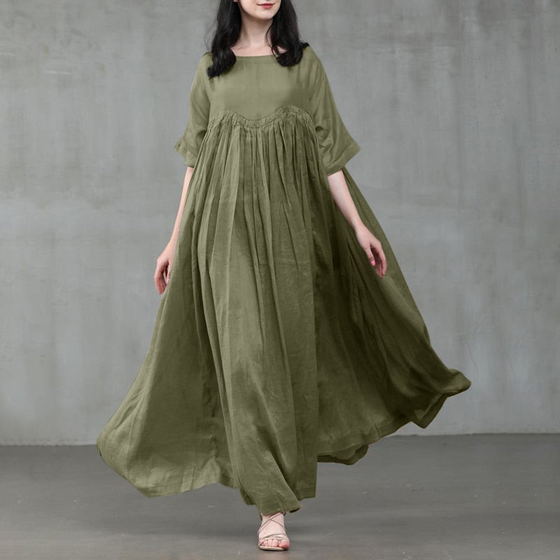 Women's Summer Sundress Kaftan Pleated Maxi Dress Casual