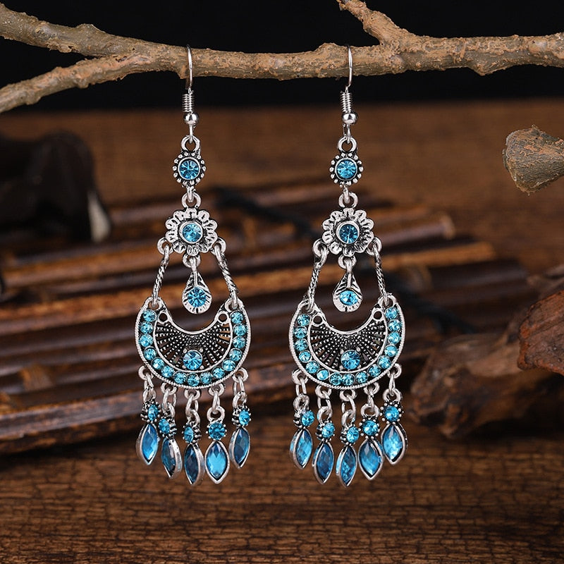 Bohemian Ethnic Long Blue Acrylic Crystal Water Drop Earrings Retro