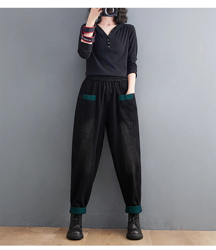 Denim Pants Fall Winter High Waist Fleece Warm Loose Casual Patchwork