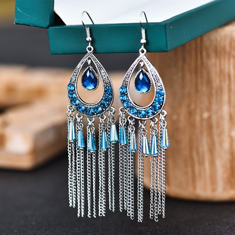 Bohemian Ethnic Long Blue Acrylic Crystal Water Drop Earrings Retro