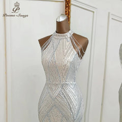 Silver mermaid evening bridesmaid party dress