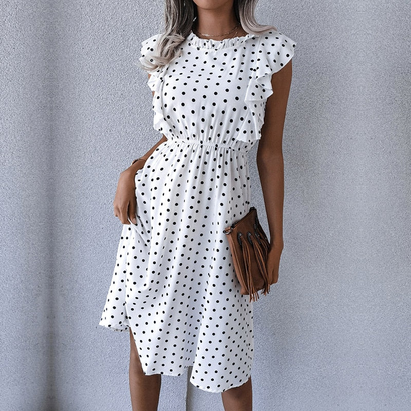 Vintage Butterfly Sleeve Ruffles Heart Dot Print Dress