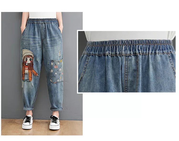 Embroidery Denim Pants For Women Trendy Hole Casual High Waist