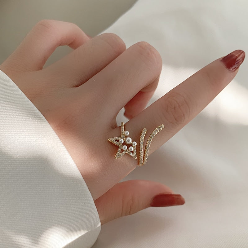 Star Shape Pearl Zircon Gold Color Opening Rings