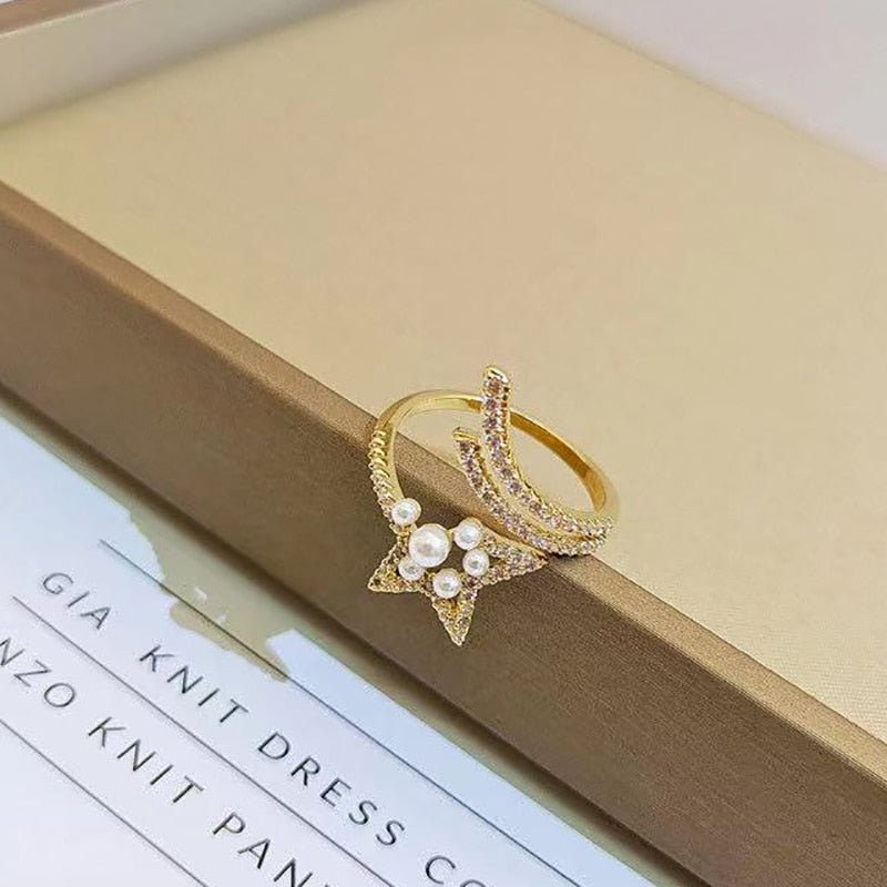 Star Shape Pearl Zircon Gold Color Opening Rings