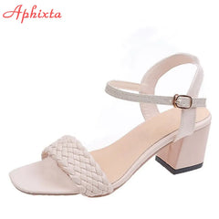 Square Heels 6.5cm Buckle Women Sandals Weave Slides Cool Open Toe