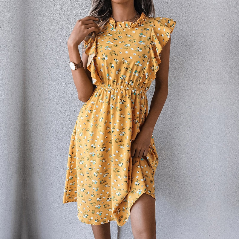 Vintage Butterfly Sleeve Ruffles Heart Dot Print Dress