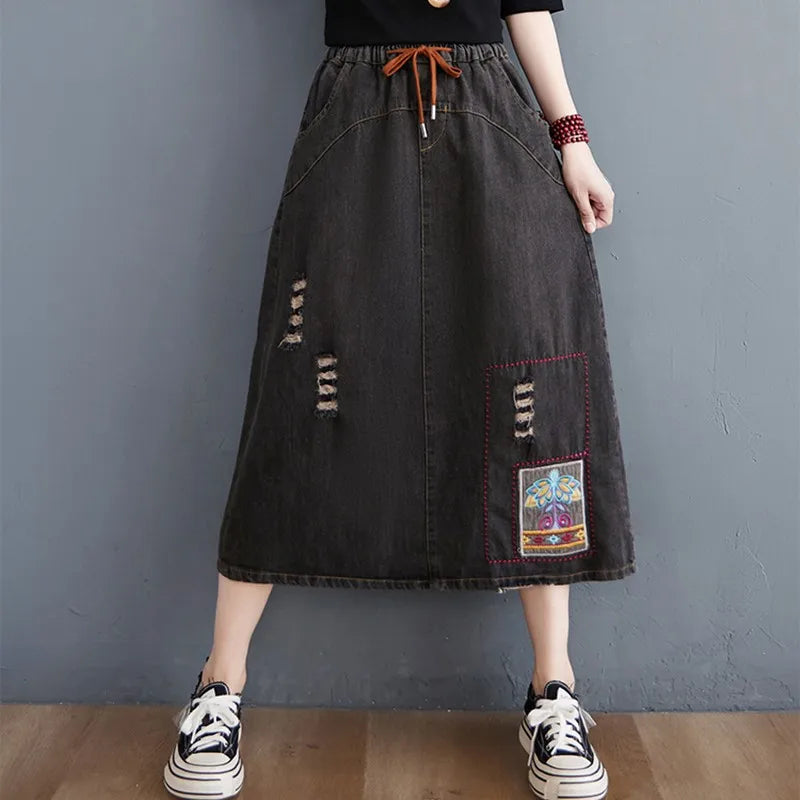 Casual Denim Skirts Drawstring Elastic Waist Streetwear Vintage