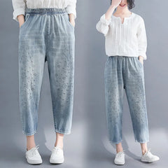 Jeans Floral Embroidery Vintage Casual Loose Denim Harem Pants