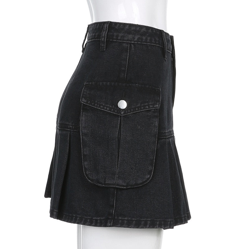 Jeans Mini Skirt Goth Denim Pleated Skirts with Big Pockets W