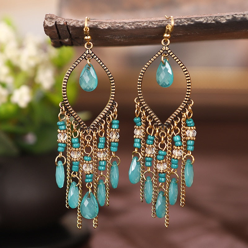 Bohemian Ethnic Long Blue Acrylic Crystal Water Drop Earrings Retro