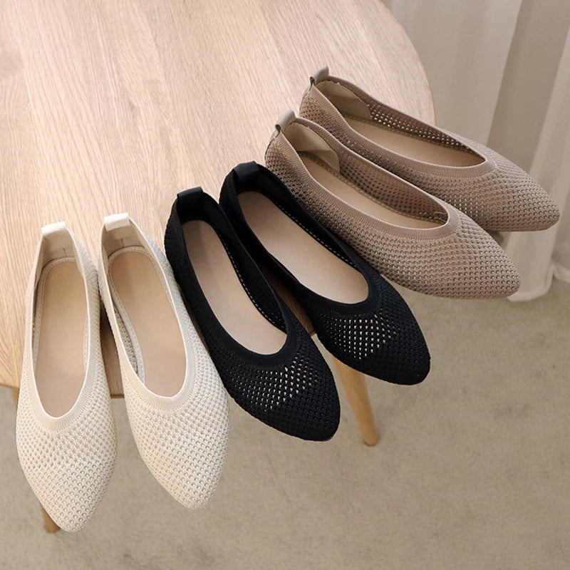 Knitted Ballet Flats Mesh Breathable Pointed Toe Slip on Loafers