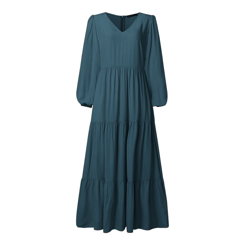 Stylish Ruffle Maxi Dress Casual Puff Sleeve Tunic