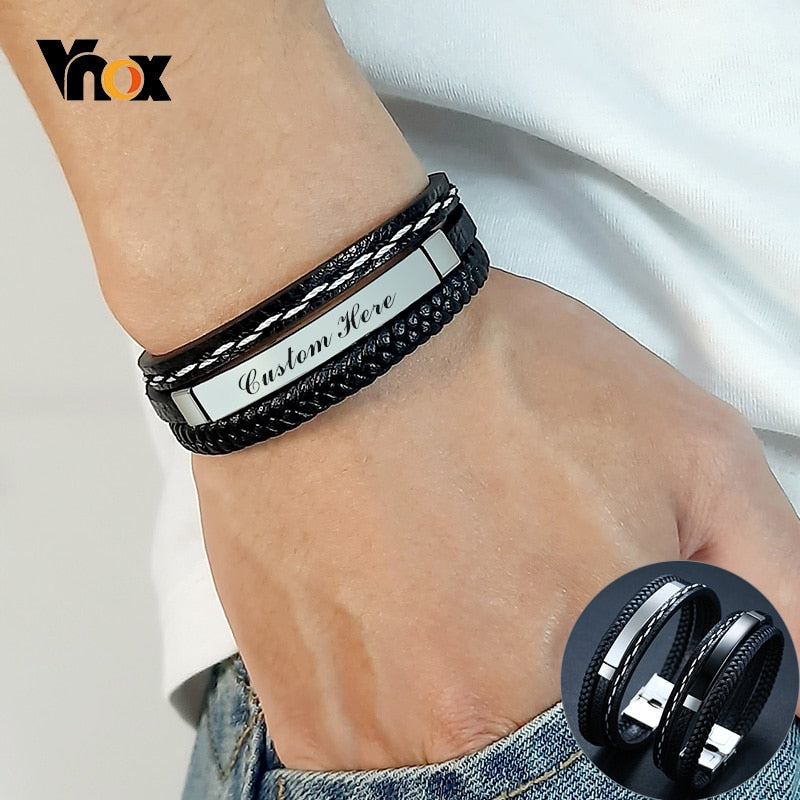 Name Leather Bracelets for Men Glossy Stainless Steel