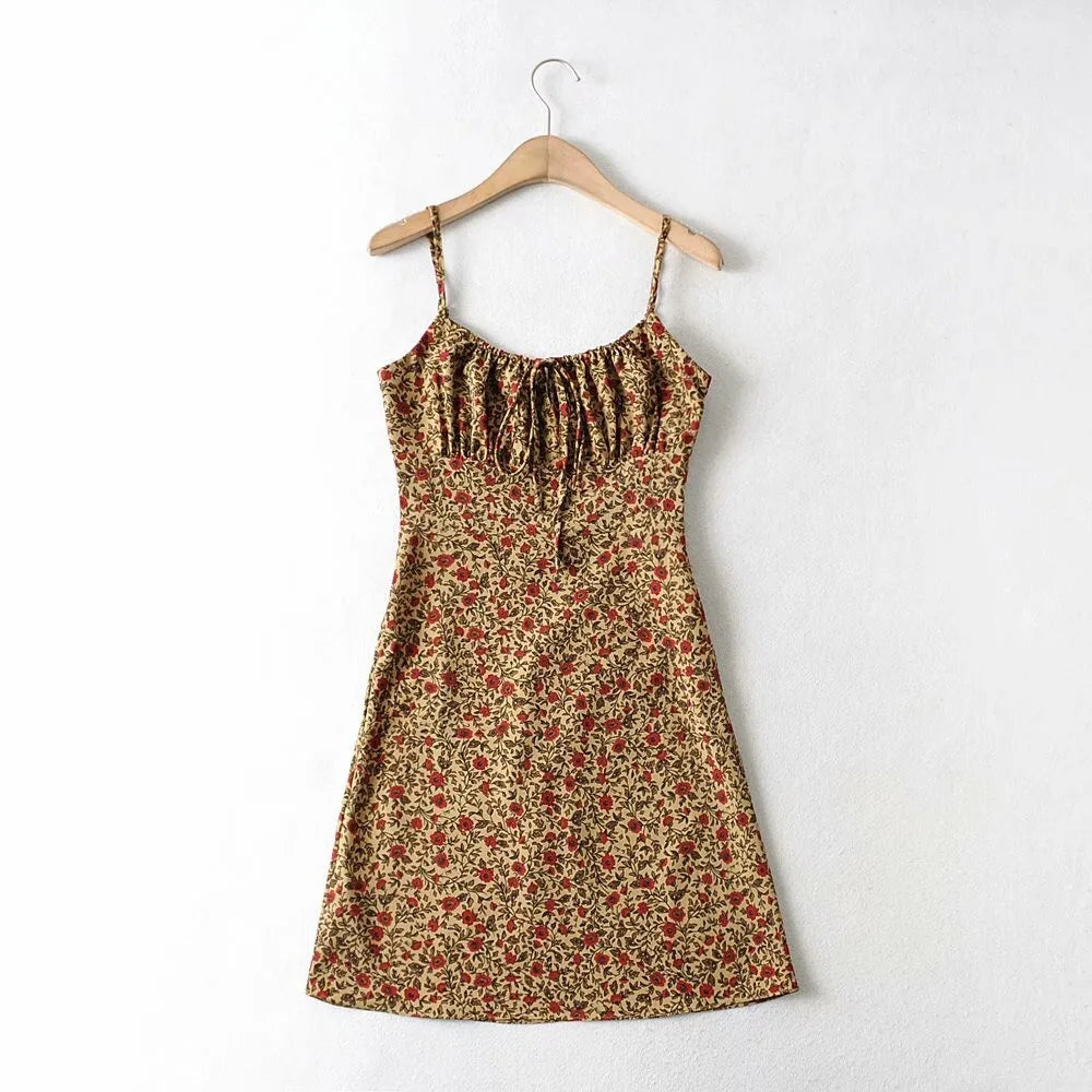 Summer Floral Print Backless Sling Dress Spaghetti Strap