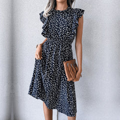 Vintage Butterfly Sleeve Ruffles Heart Dot Print Dress