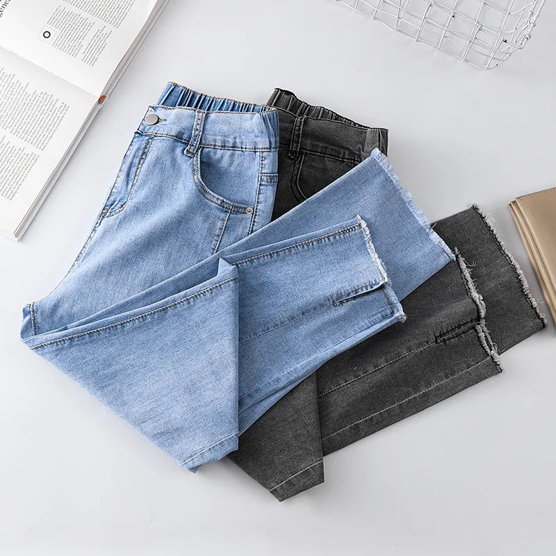 High Waist Mom Pockets Zipper Pants Cotton Harem Jeans