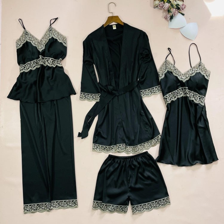 5PCS Lace Satin Robe Gown Sets Nighty Sleepwear Nightgown