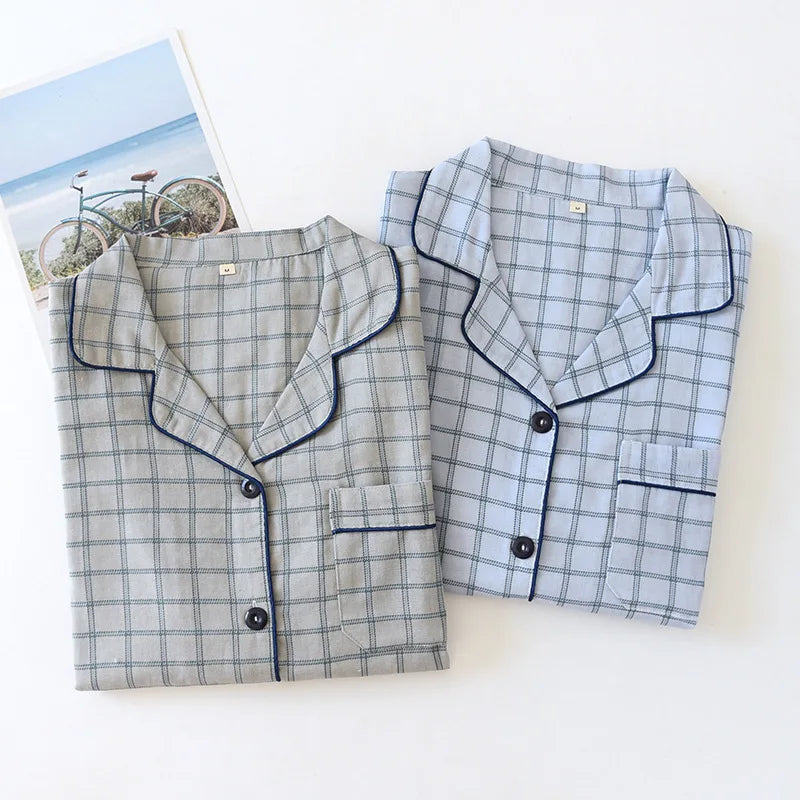 cotton lapel long-sleeved trousers simple plaid home pajama set