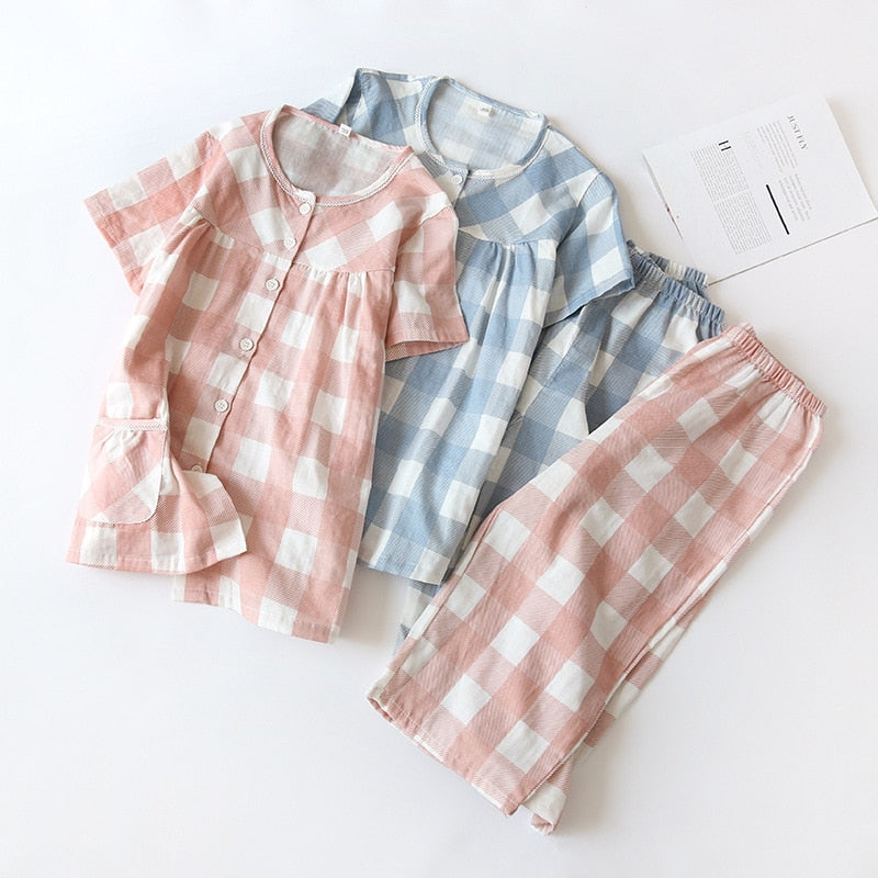 plaid pajamas ladies thin section short-sleeved cropped trousers