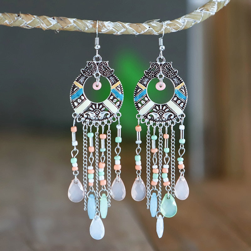 Bohemian Long Crystal Tassel Earrings Colorful