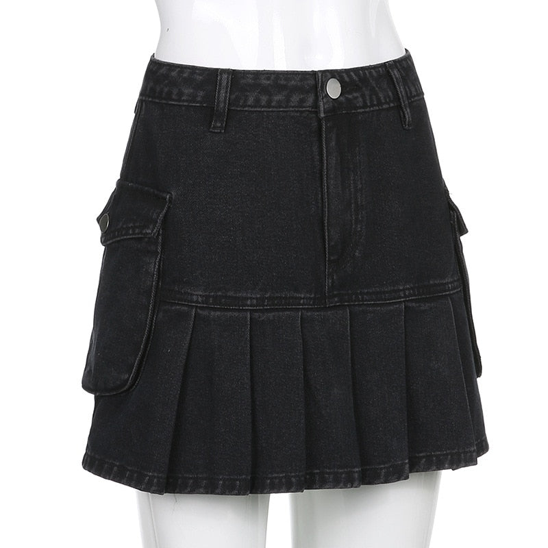 Jeans Mini Skirt Goth Denim Pleated Skirts with Big Pockets W