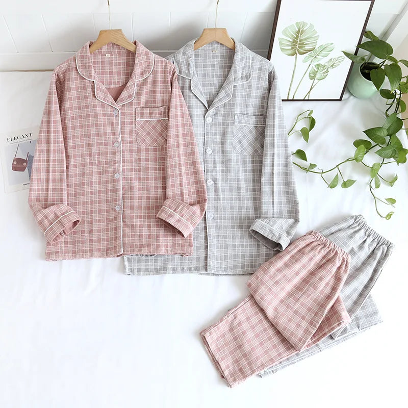 couple pajamas long-sleeved trousers  cotton brushed plaid two-piece