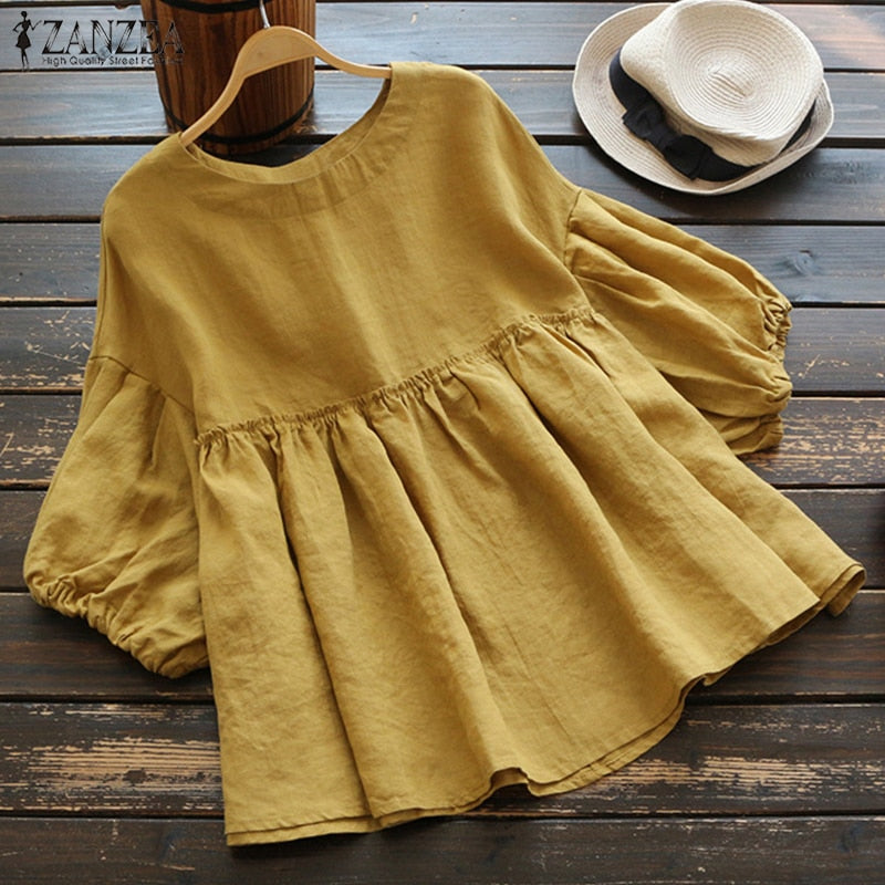 Fashion Ruffle Blouse Women's Tunic Vintage Casual Linen Tops