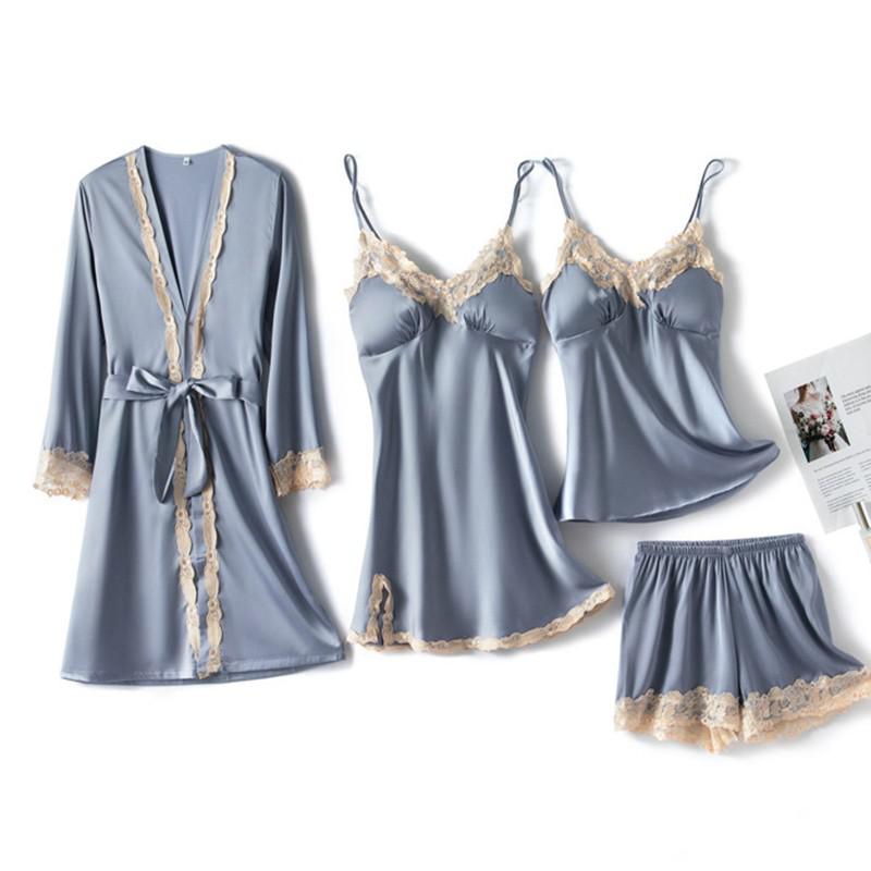 5PCS Lady Pajamas Sets Lace Sleepwear Sleep Suit Satin