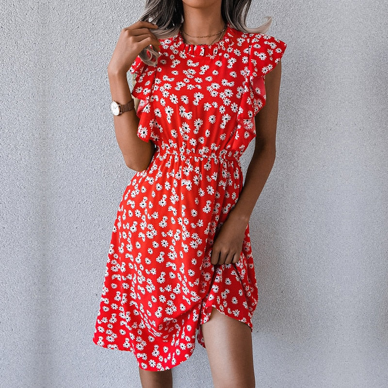 Vintage Butterfly Sleeve Ruffles Heart Dot Print Dress