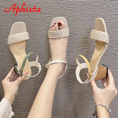 Square Heels 6.5cm Buckle Women Sandals Weave Slides Cool Open Toe