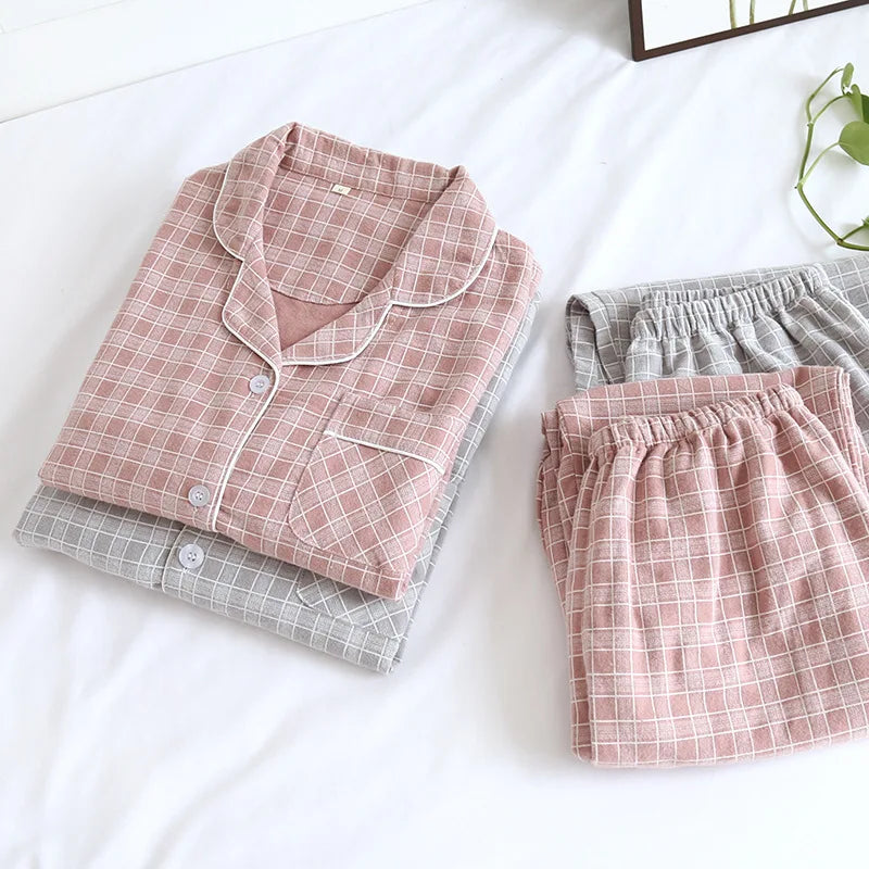 couple pajamas long-sleeved trousers  cotton brushed plaid two-piece