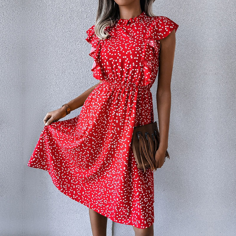 Vintage Butterfly Sleeve Ruffles Heart Dot Print Dress