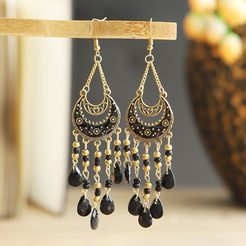 Bohemian Antique Gold Color Long Water Drop Tassel Earrings