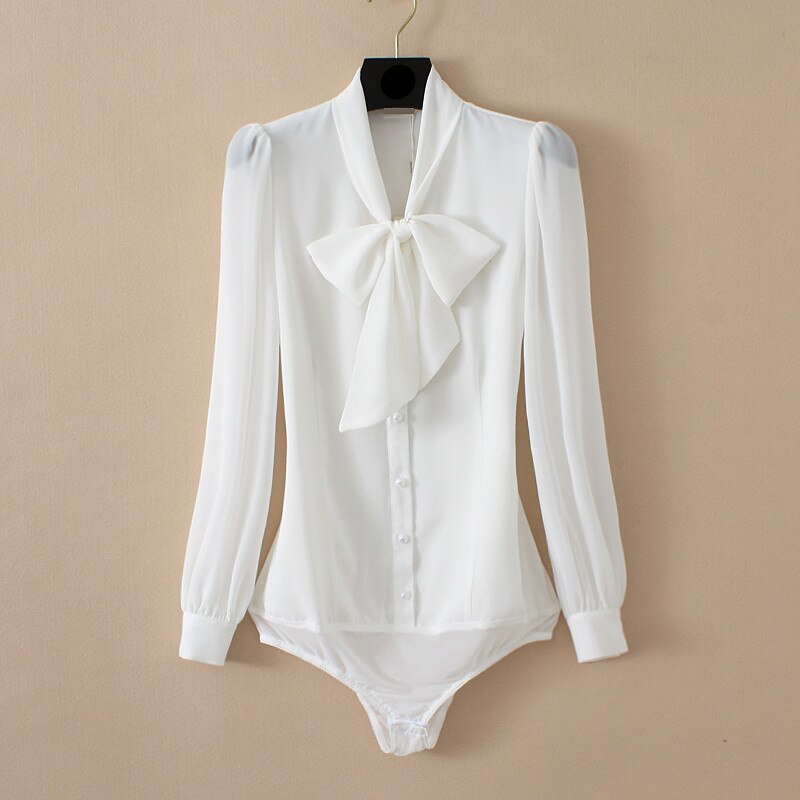 Elegant Chiffon Bodysuits Lantern Long Sleeve Bow Tie Neck Office