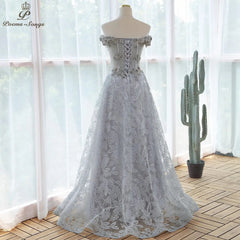 Elegant sequin lace gray flowers Evening dress